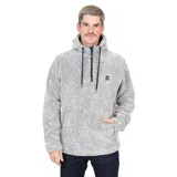 Canguro Volcom de tejido técnico bonded, color gris jaspeado, con capucha ajustable mediante cordones negros, cierre frontal parcial de cremallera y bolsillo tipo canguro delantero.