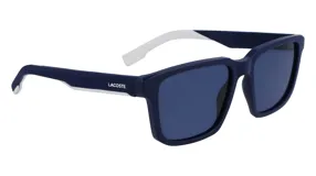 Lentes de sol Lacoste, con montura cuadrada azul marino y patillas blancas.