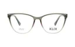 Armazón de lentes de receta marca Klik, modelo 112AD, con diseño estilo cat-eye en acetato transparente de color gris degradado.