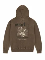 Canguro con capucha de color negro con efecto lavado, diseño de corte holgado, bolsillo tipo canguro frontal y estampado con la palabra Japanese en el pecho.