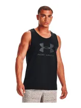 Musculosa deportiva Under Armour color negro con logo de la marca estampado en el frente. Confeccionada en tejido de mezcla de algodón de secado rápido.