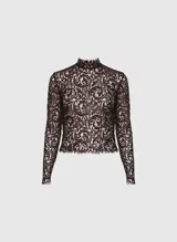 Blusa de encaje color marrón oscuro con hilos metálicos, corte entallado, cuello alto, manga larga, cierre de cremallera trasera y terminaciones efecto deshilachado.