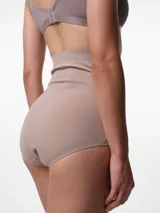 Bombacha modelante de tiro alto en microfibra, con panel frontal de compresión con cierre de ganchos y diseño que llega hasta debajo del busto. Cuenta con silicona antideslizante en el borde superior y fundillo de algodón.