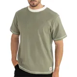 Remera verde de manga corta con cuello redondo y ribetes en color crudo.