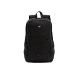 Mochila Vans negra con logo de la marca en la parte superior, bolsillo frontal con cierre y cordones elásticos cruzados.