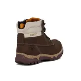 Bota acordonada marrón de cuero con suela marrón y beige.