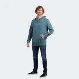 Canguro con capucha y bolsillo frontal tipo canguro, color verde azulado, con logo de la marca bordado en el pecho y puños acanalados.