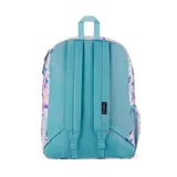 Mochila Jansport modelo Cross Town con estampado floral en tonos rosados, celestes y morados. Cuenta con un compartimento principal amplio, un bolsillo frontal con cierre y organizador interno, bolsillo lateral de red para botella, panel trasero acolchado y correas ajustables. Incorpora la etiqueta clásica de la marca en el frente.