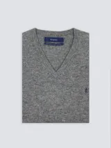Sweater azul marino de lana con escote en V y logo bordado en el pecho.