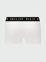 Bóxer blanco de algodón con pretina elástica negra con el logo de Philipp Plein en blanco y diseño de calavera en la pierna derecha.