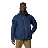 Campera impermeable Columbia modelo Glennaker Lake, color azul marino. Presenta cierre frontal completo, capucha oculta en el cuello, bolsillos laterales con cierre y puños ajustables. Diseño ligero y funcional con tecnología Omni-Shield para protección contra la humedad.