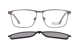 Anteojos de receta con armazón metálico color gris oscuro y clip-on solar polarizado desmontable. Diseño rectangular con puente nasal ajustable.