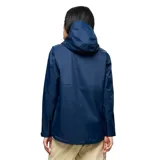 Campera impermeable Merrell modelo Fallon, color azul marino, con capucha ajustable, cierre frontal con solapa de botones a presión, bolsillos laterales con cierre y puños ajustables con velcro.