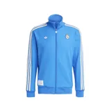 Campera deportiva Adidas del Real Madrid, modelo Terrace Icons. Color celeste con detalles en blanco y dorado. Presenta cierre frontal, cuello alto, bolsillos laterales, logo de Adidas y escudo del Real Madrid bordados.
