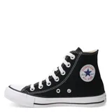 Championes de caña alta Converse modelo Chuck Taylor All Star, color negro con cordones blancos, puntera de goma y suela de caucho vulcanizado.