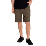 Short de gabardina color verde oliva, con cierre de cremallera y botón, bolsillos laterales y traseros, y etiqueta de marca en el bolsillo posterior.