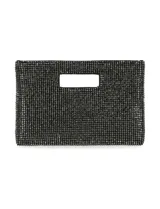 Cartera de fiesta Jessica McClintock cubierta de strass plateados, con asa de mano y asa de cadena metálica removible. Incluye bolsillo interior y cierre con botón imantado.