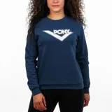 Buzo azul marino de cuello redondo con logo de Pony estampado en blanco en el pecho.