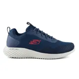 Championes deportivos Skechers Bounder Intread, color azul marino con logo rojo. Capellada de tejido knit técnico y material sintético, con cordones elásticos. Plantilla Skechers Air-Cooled Memory Foam y amortiguación ULTRA LIGHT.