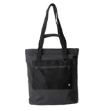Bolso tote negro con bolsillo frontal con cierre y asas de mano y hombro.