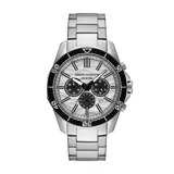 Reloj Armani Exchange modelo Spencer con caja de acero plateado de 44mm, esfera texturada blanca con detalles negros y agujas plateadas. Cuenta con cronógrafo con subesferas, fechador y malla de acero plateado. Resistente al agua hasta 10 ATM.