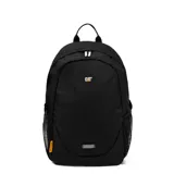 Mochila urbana Caterpillar modelo Tokyo, color negro, con compartimento principal con cierre, bolsillos laterales de red y logo de la marca en el frente.