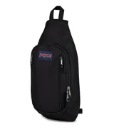 Morral tipo bandolera JanSport, color azul marino, con diseño ergonómico de una sola correa ajustable, compartimento principal con cierre y bolsillo frontal con logo de la marca.