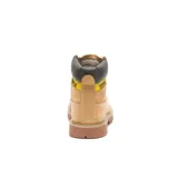 Botín unisex de cuero color miel, con cuello acolchado negro, cordones amarillos y suela marrón. Presenta el logo de Caterpillar en amarillo y negro en el lateral.