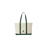 Bolso tipo tote bag Polo Ralph Lauren de color beige con base y asas verdes, con el logotipo del jugador de polo bordado en el centro.