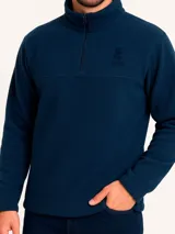 Buzo azul marino de polar con medio cierre, bolsillos laterales, cordón ajustable en la cintura y puños elásticos.