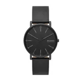 Reloj analógico Skagen modelo Signatur con caja redonda de acero inoxidable negro de 40 mm, esfera minimalista negra y correa de cuero negro.