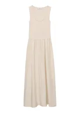 Vestido midi de diseño combinado con cuerpo de algodón y elastano con cuello redondo y tirantes anchos, y falda de algodón con panel fruncido en la cintura.
