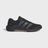 Championes de entrenamiento Adidas Dropset 4, color negro con detalles en gris oscuro y suela de goma en tono marrón. Diseñados para estabilidad en levantamiento de pesas y movimientos explosivos, cuentan con empeine de malla resistente y tecnología de retorno de energía.