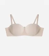 Soutien strapless color marrón, con copa hueca estructurada y tirantes finos extraíbles ajustables.