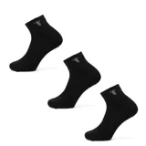 Pack de tres pares de medias deportivas cortas (tipo tobilleras) color negro, con tejido texturizado y un logo bordado en blanco en la zona del tobillo.