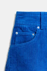 Falda mini de pana azul, con diseño de cinco bolsillos, cierre frontal con cremallera y botón.