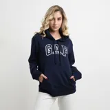 Canguro de algodón con capucha y cordones ajustables, color azul marino. Presenta el logo de la marca estampado en blanco en el frente y bolsillo tipo canguro.