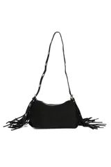 Bandolera color beige con flecos y ojales metálicos.