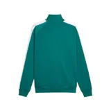 Campera deportiva Puma modelo T7 Track Jacket, color negro con franjas blancas en las mangas. Presenta cuello alto, cierre frontal completo y logo de la marca bordado en el pecho.