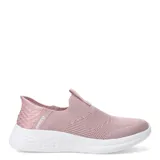 Championes deportivos Umbro modelo Flex Lady, de diseño slip-on sin cordones, confeccionados en tejido de punto elástico color rosado con suela blanca de goma texturizada.