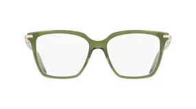 Lentes de receta Ferragamo modelo 3038, con armazón de acetato en color verde oliva y detalles metálicos dorados en las bisagras.