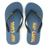 Ojotas Rip Curl modelo Icons Of Surf Bloom Open Toe, de color azul con tiras negras y logo estampado en color amarillo y naranja.