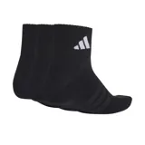 Medias soquetes Adidas de color negro con amortiguación y diseño al tobillo. Incluyen tres pares por paquete, con el logo clásico de la marca en la parte superior y líneas horizontales en el empeine.
