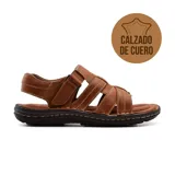 Sandalias casuales de cuero marrón con múltiples tiras y ajuste con velcro.