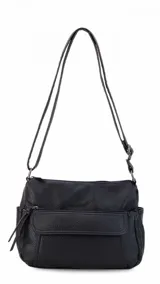 Bandolera morral negra de símil cuero con textura granulada. Cuenta con un bolsillo frontal con solapa y cierre, y un bolsillo lateral. Tiene una correa ajustable y un compartimento principal con cierre.