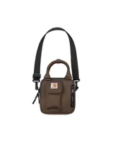 Bolso pequeño tipo bandolera o cartera de mano Carhartt Essential Handbag, color marrón oscuro, con asa superior y correa ajustable para el hombro. Presenta un bolsillo frontal con solapa y cierre de velcro, y un bolsillo lateral con cierre de cremallera. Lleva el logo cuadrado de Carhartt WIP en la solapa.