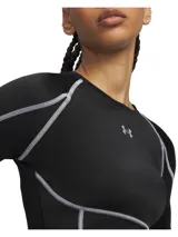 Remera térmica deportiva Under Armour HeatGear Elite LS de manga larga, color negro con costuras planas en color gris claro. Presenta diseño entallado con cuello redondo y el logo de la marca estampado en el pecho.