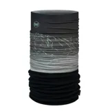 Cuello multifuncional Buff con diseño degradado de gris a negro y estampado de líneas finas. Cuenta con forro polar PrimaLoft® Bio™ para aislamiento térmico, ofreciendo un diseño elástico y versátil que permite su uso como braga de cuello, gorro o pasamontañas.