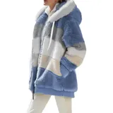Campera peluda de mujer marca United Uy, con capucha y cierre frontal de cremallera. Presenta diseño de rayas horizontales en bloques de colores blanco, gris, beige y negro, con textura de piel sintética y puños elásticos.