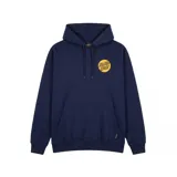 Canguro de abrigo color azul marino, con capucha ajustable con cordones, bolsillo estilo canguro en el frente y puños y cintura elásticos. Presenta un pequeño estampado circular de la marca Santa Cruz en color amarillo en el pecho.